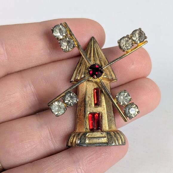 Vintage 1940s Jay Kel Sterling Silver Rhinestone The Magic Mill Windmill Brooch - Picture 5 of 9